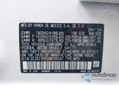 2024 Honda Hr-V 2Wd Sport/2Wd Sport W/O Bsi из США, поврежденный, VIN 3CZRZ1H52RM759367